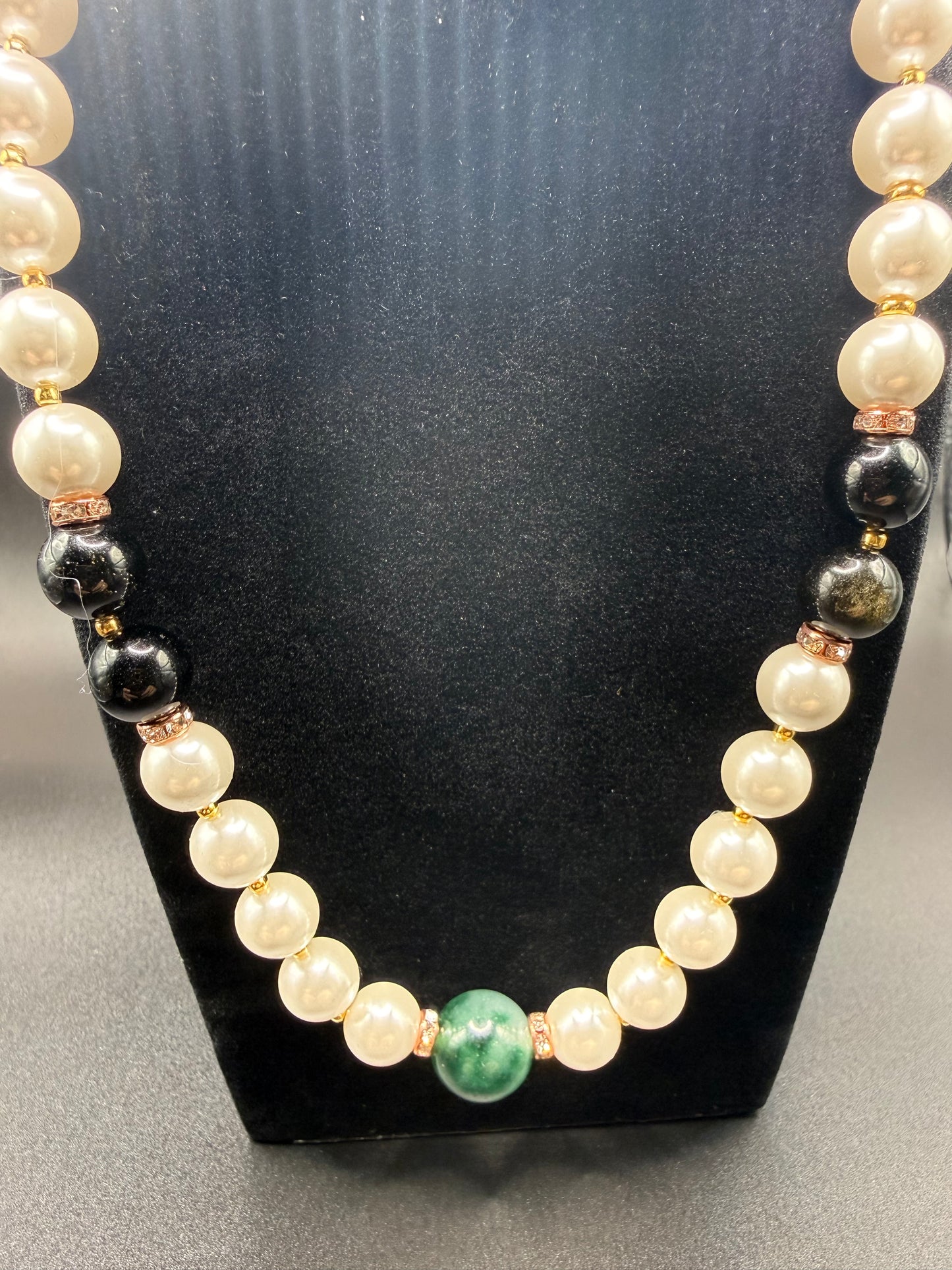 Duality in Bloom – Freshwater Pearl, Gold-Sheen Obsidian & Imperial Jadeite