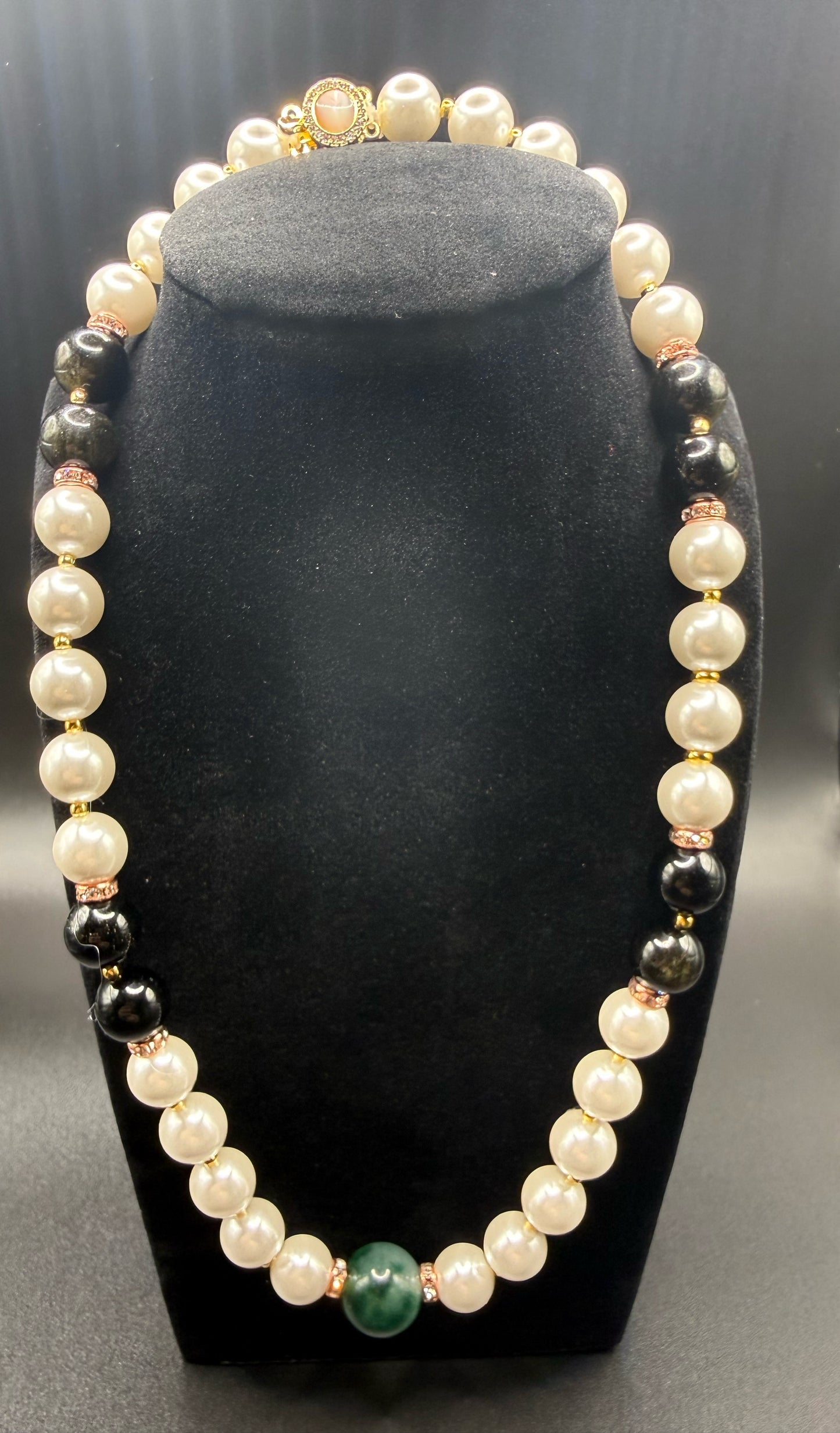 Duality in Bloom – Freshwater Pearl, Gold-Sheen Obsidian & Imperial Jadeite