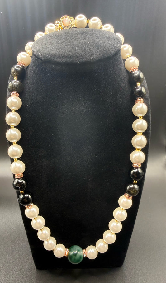 Duality in Bloom – Freshwater Pearl, Gold-Sheen Obsidian & Imperial Jadeite