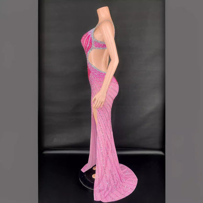 Show-Stopping Bodycon Dress: Sling-Style with Super Shiny Light Diamond Accents, Cinched Design, and Sleeveless Cut – Perfect for Parties and Stage Performances CJ