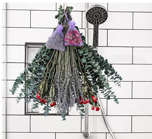 **Elegant eucalyptus lavender stems—refresh your shower decor naturally.** CJ