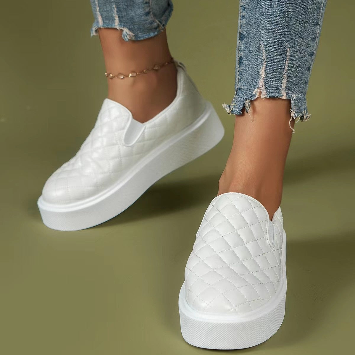 Slip-on Flats Loafers Lightweight  Casual Platform Shoes White/Black Silver Juneberry