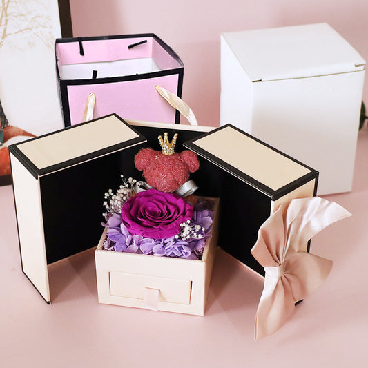 Charming Double Door Bear Rose Jewelry Box: Elegant Eternal Flower Design A&S Collection