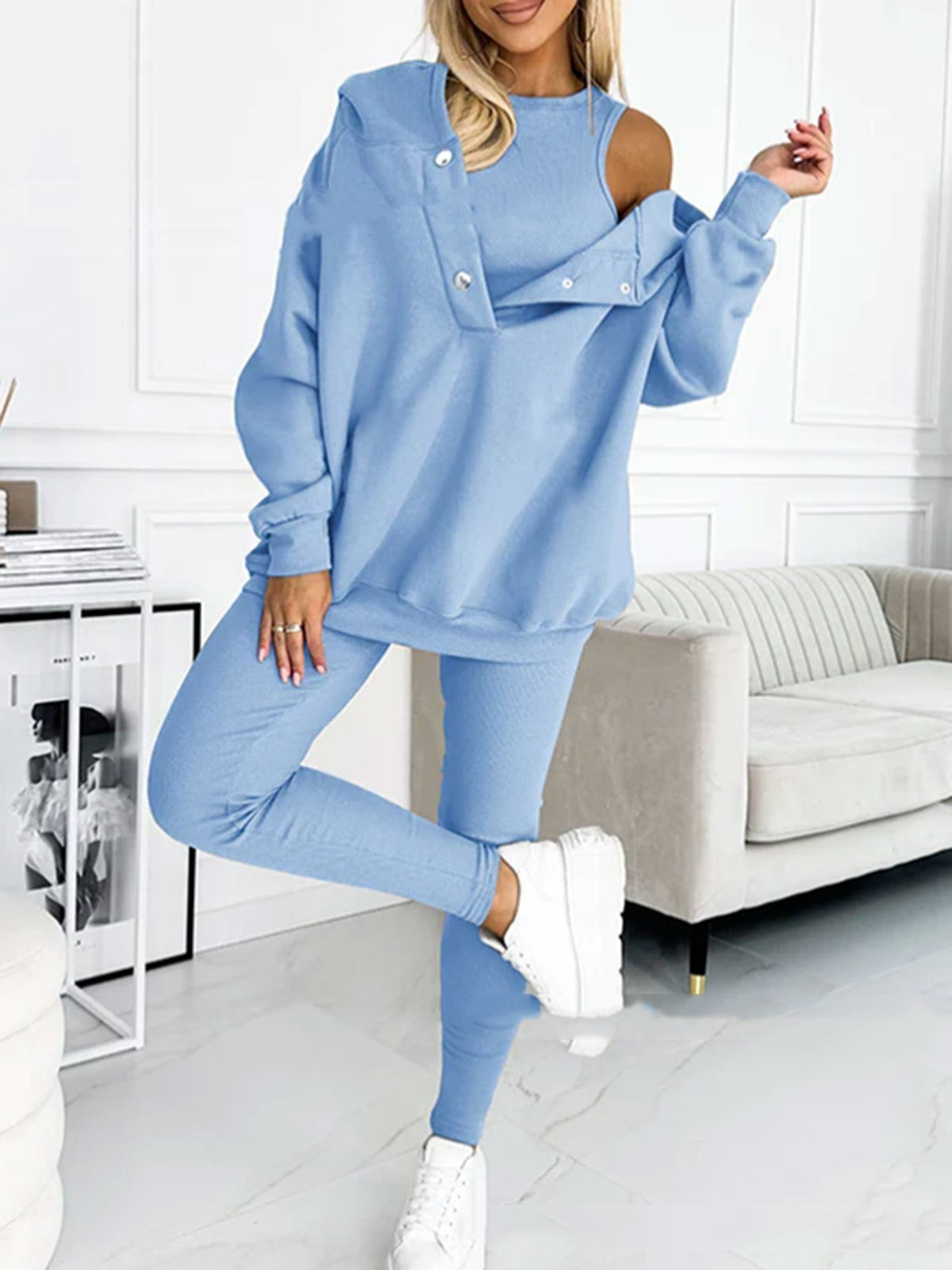 3pcs Women's Sports Suit Loose Hooded Pockets Sweatshirt And Vest And Slim Trousers A&S Collection