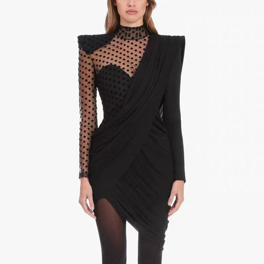 European and American stars the same sexy wave dot mesh splicing slim bag hip fold irregular dress A&S Collection