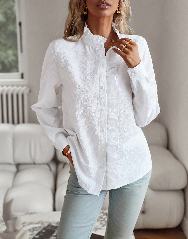 Striped Long Sleeve Shirt Fashion Ruffle Design Button Up Tops Casual Office Blouse Elegant Commuting Women's Clothing A&S Collection
