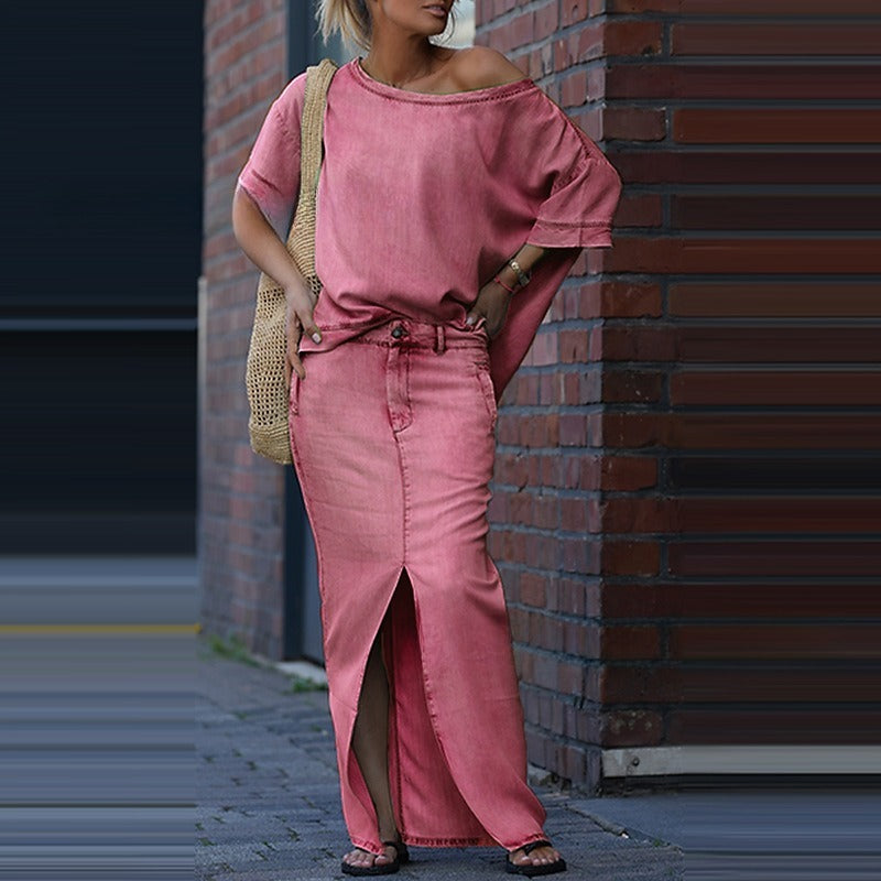 Two-piece Skirt Suits Fashion Loose Bat-sleeved Short Sleeve Top And Slim Fit Slit Maxi Skirt Patchwork Chic Outfit Women's Clothing.