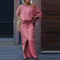 Two-piece Skirt Suits Fashion Loose Bat-sleeved Short Sleeve Top And Slim Fit Slit Maxi Skirt Patchwork Chic Outfit Women's Clothing.