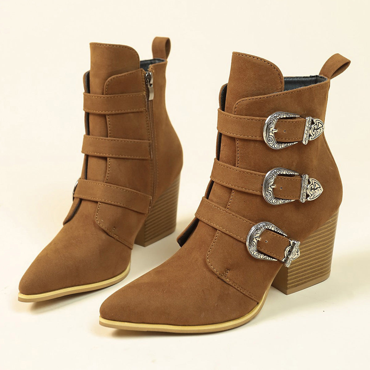 Chunky Heel Pointed Toe Boots With Belt Buckle Design Retro Mid-calf Boot Fashion Fall Winter Shoes For Women A&S Collection