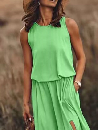 Full Size Round Neck Sleeveless Slit Maxi Dress Plus Size.