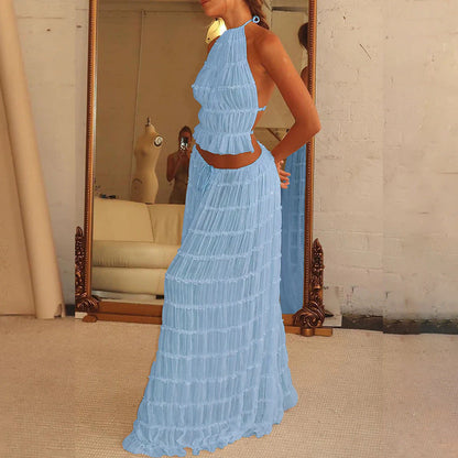 2pcs Women's Dress Suit Sexy Sleeveless Backless Cropped Halter Top And Pleated Long Skirt Beach Clothing A&S Collection