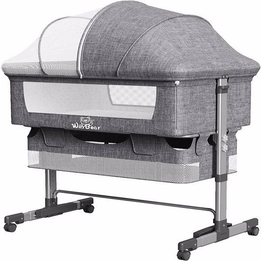 3-in-1 Bedside Crib With Mosquito Net, Large Storage Bag, Comfortable Mattress With Lockable Wheels, Grey CJ