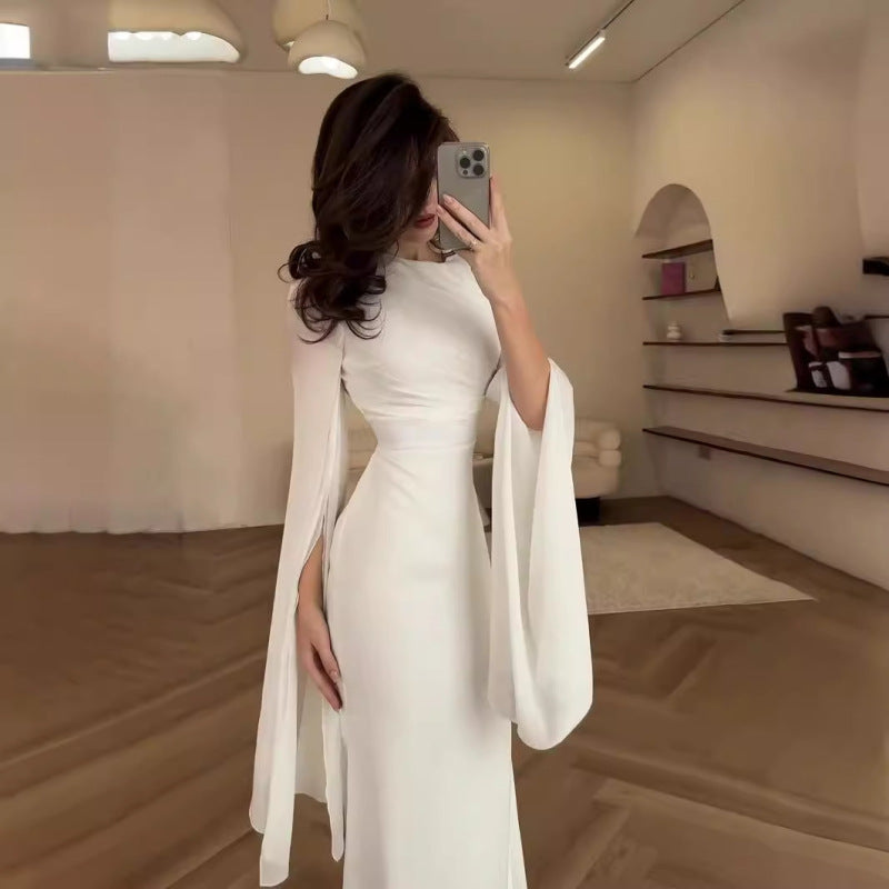 Elegant organza satin dress with patchwork design and slim fit, perfect for chic style A&S Collection