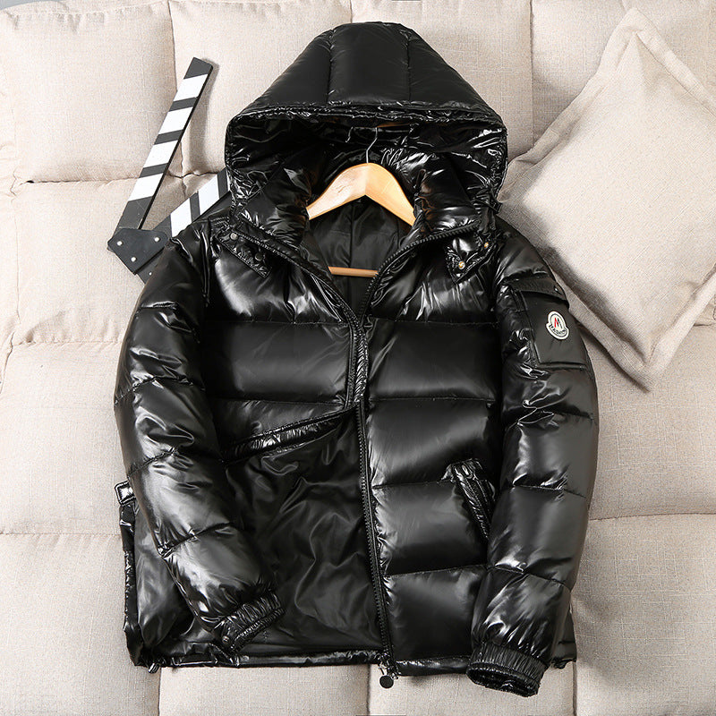 This vibrant red down jacket is designed for winter, featuring a thick, insulated hood and stylish printed logo for a fashionable and warm outdoor look A&S Collection