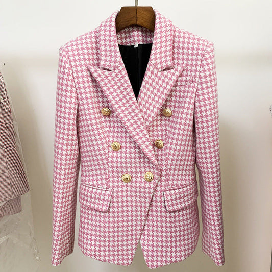 European and American star fashion double breasted lion button pink plaid wool trim suit jacket A&S Collection
