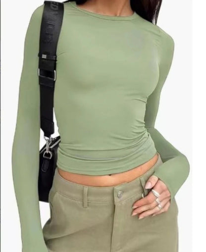 Women's Long Sleeved T-Shirt Spring And Autumn Solid Color Slim Fit Pullover Women's Basic T-Shirt Y2k Clothes Street Wear A&S Collection