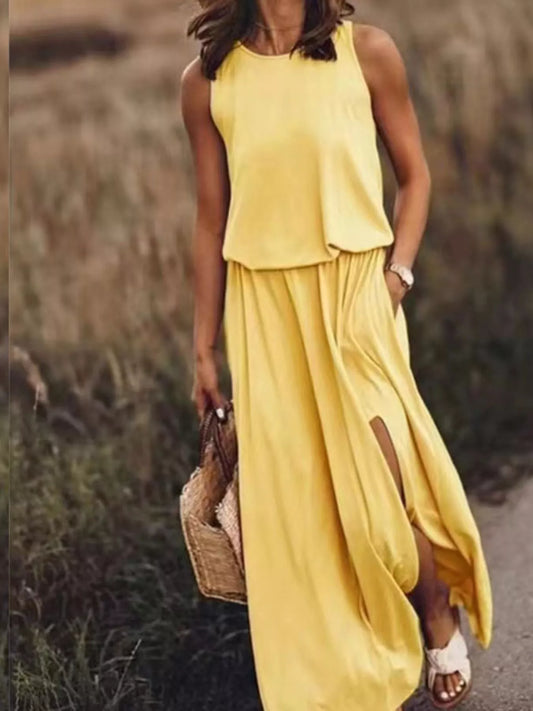 Full Size Round Neck Sleeveless Slit Maxi Dress Plus Size.