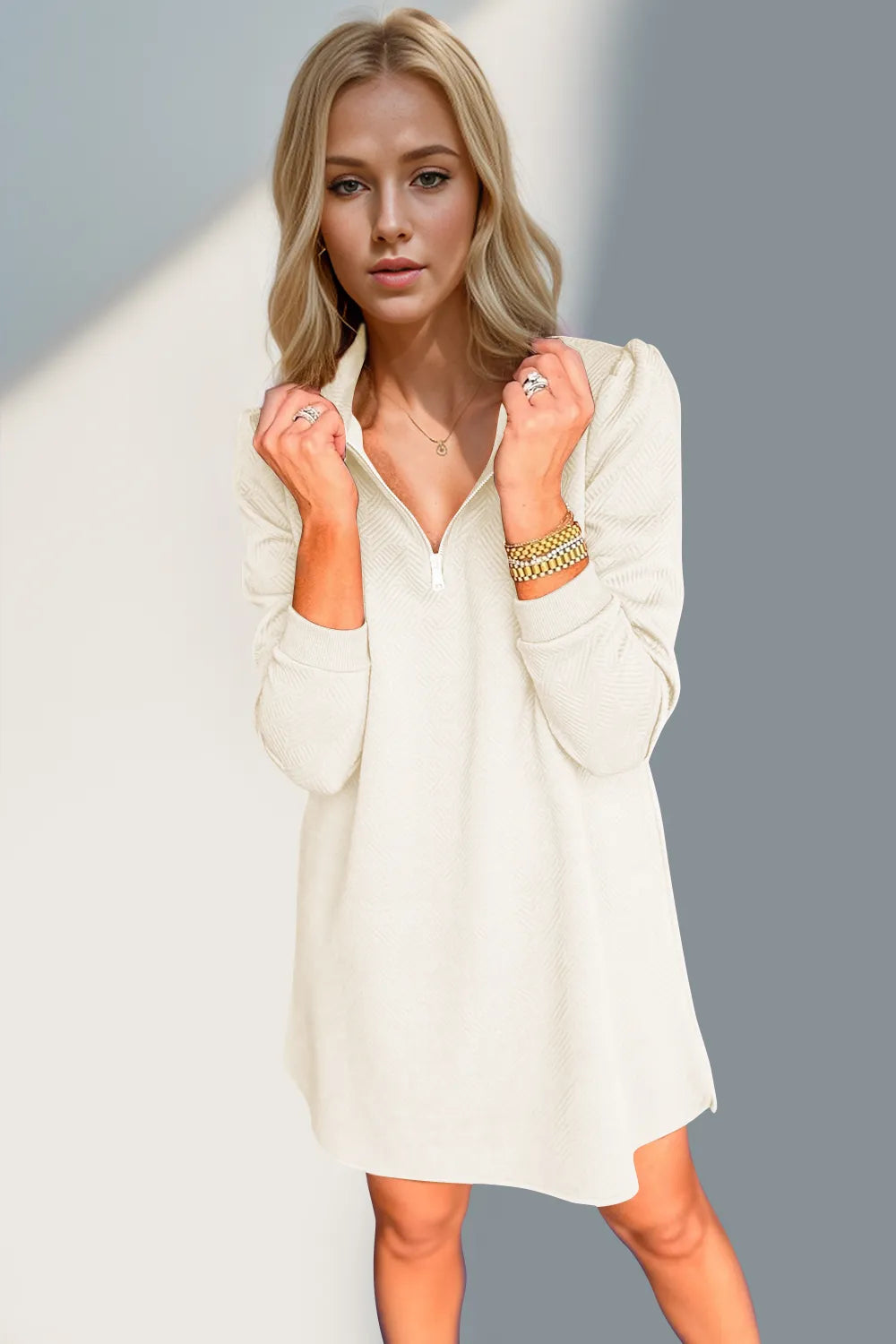 Double Take Textured Quarter Zip Long Sleeve Dress.