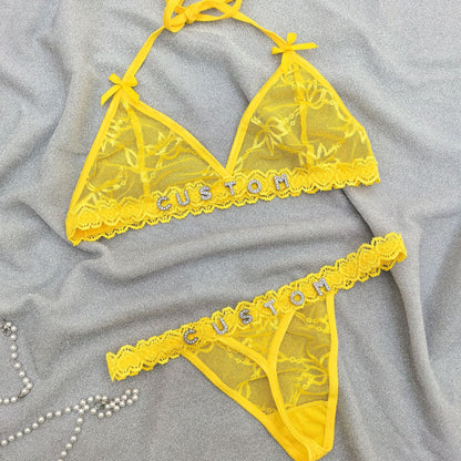 Custom Lingerie Set For Women Thong Panties Bra Set With Name Rhinestone Customized Thongs Personalized G-String Jewelry Gift CJ