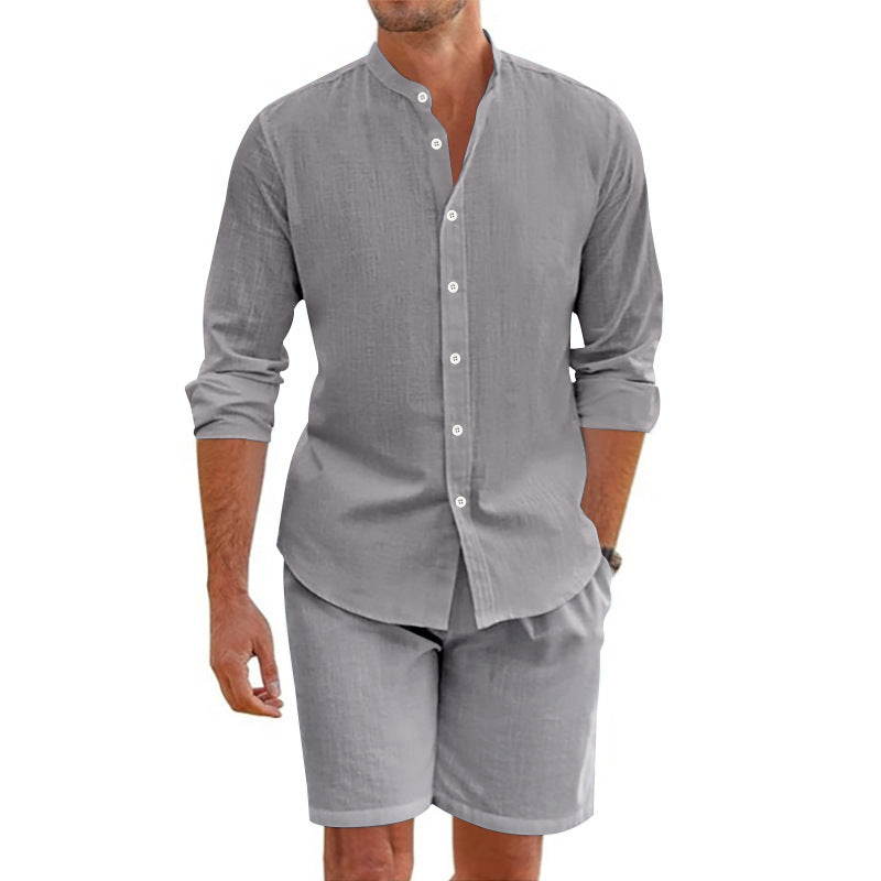 Summer Short Shirt Suit Fashion Lapel Button Down Short Sleeve Top And Drawstring Shorts Beach Clothing For Men A&S Collection