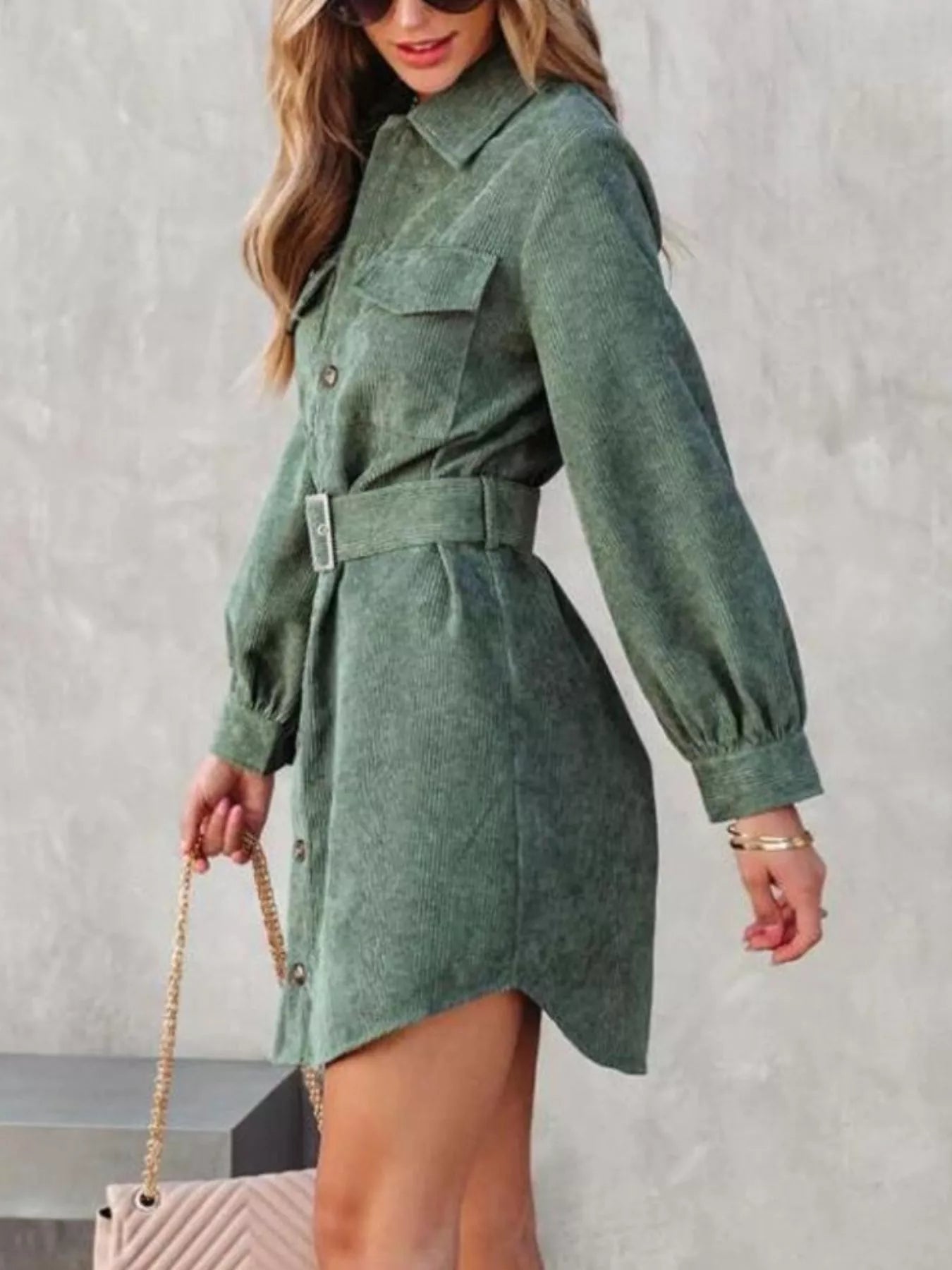 Button Front Belt Long Sleeve Corduroy Dress.