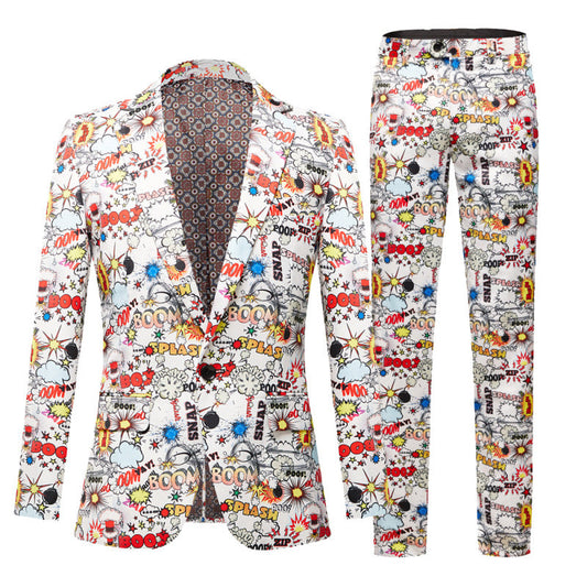 Stylish suit featuring a modern English letter print, perfect for hosts and performances. This trendy costume exudes confidence and sophistication. A&S Collection