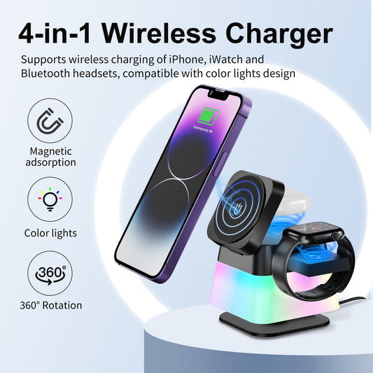4-in-1 Rotatable Magnetic Wireless Charger Stand with Colorful Lighting | Fast Charging Dock for iPhone 15/14/13/12/Pro Max & Accessories CJ
