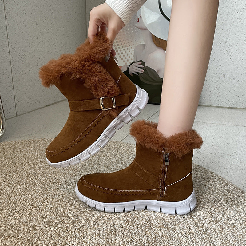 New Snow Boots Winter Warm Thickened Solid Color Plush Ankle Boots With Buckle Design Plus Velvet Flat Shoes For Women A&S Collection