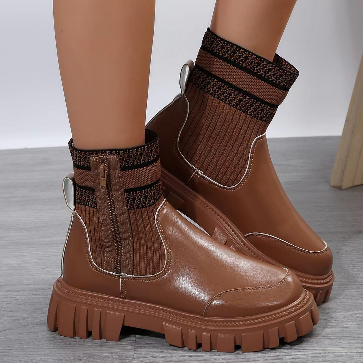 Fashion Mid-tube Boots With Zipper Design Non-slip Thick Sole Elastic Knitted Patchwork Boots For Women Round Toe Shoes Winter A&S Collection