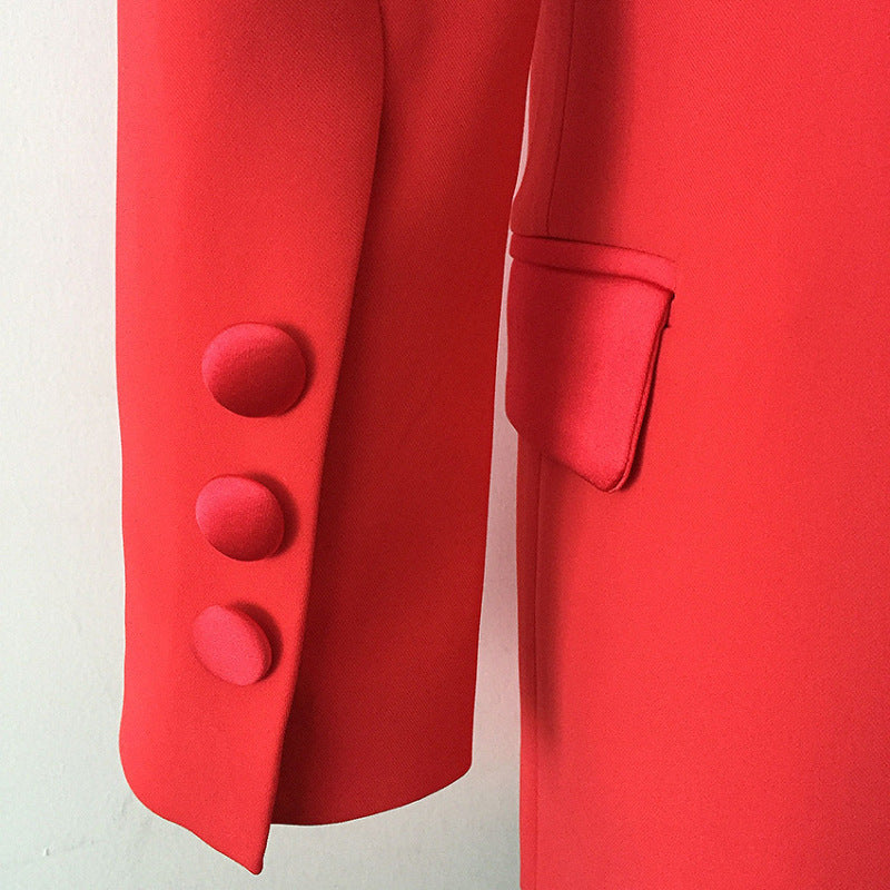 European fashion new women's coat, red satin-stitched collar, long slim suit. A&S Collection