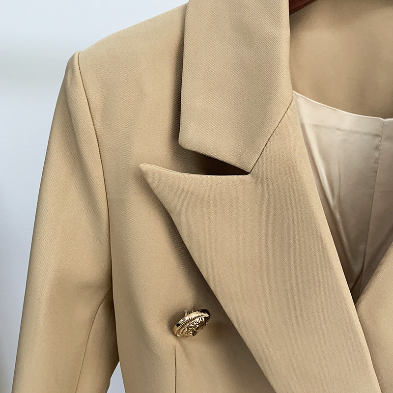 European and American star fashion: Women's double-breasted khaki slim suit with metal buckles Hypersku