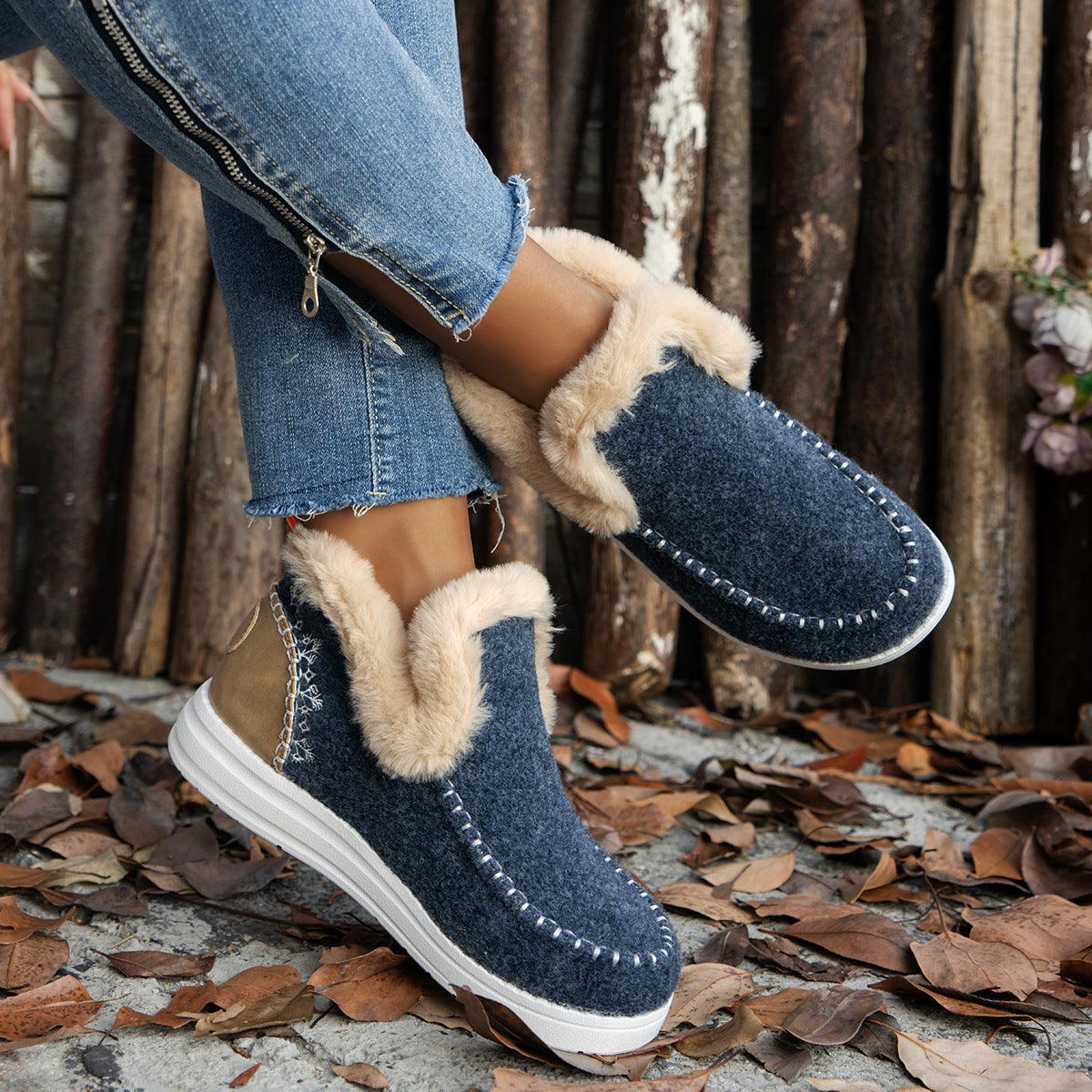 Plus Size Fleece-lined Thicker Raw Edge Warm Flat Bottom Cotton Shoes A&S Collection
