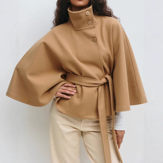 Winter High Neck Batwing Sleeve Coat With Belt Fashion Loose Elegant Button Top Trench Coat For Women Clothing A&S Collection