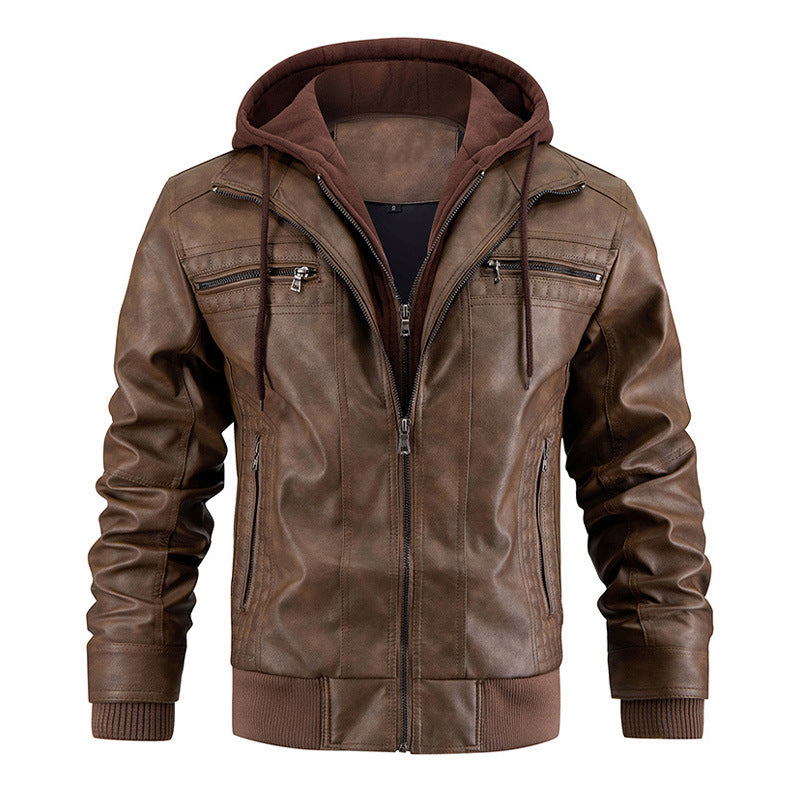 Men's Faux Leather Jacket Motorcycle Jacket Waterproof Windproof PU Moto Vintage Bomber Hoodie With Removable Hood A&S Collection