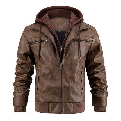 Men's Faux Leather Jacket Motorcycle Jacket Waterproof Windproof PU Moto Vintage Bomber Hoodie With Removable Hood A&S Collection