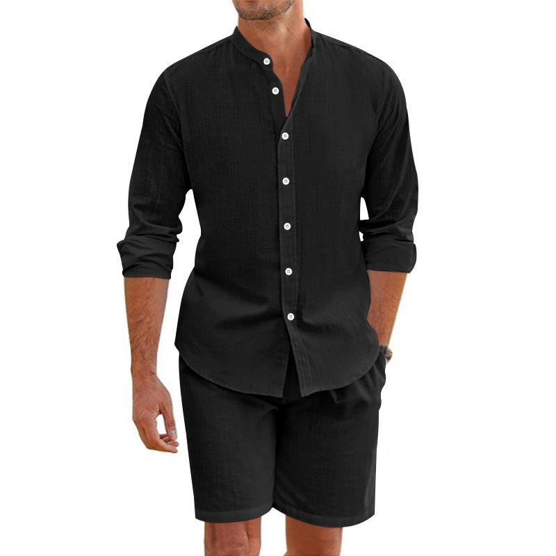 Summer Short Shirt Suit Fashion Lapel Button Down Short Sleeve Top And Drawstring Shorts Beach Clothing For Men A&S Collection