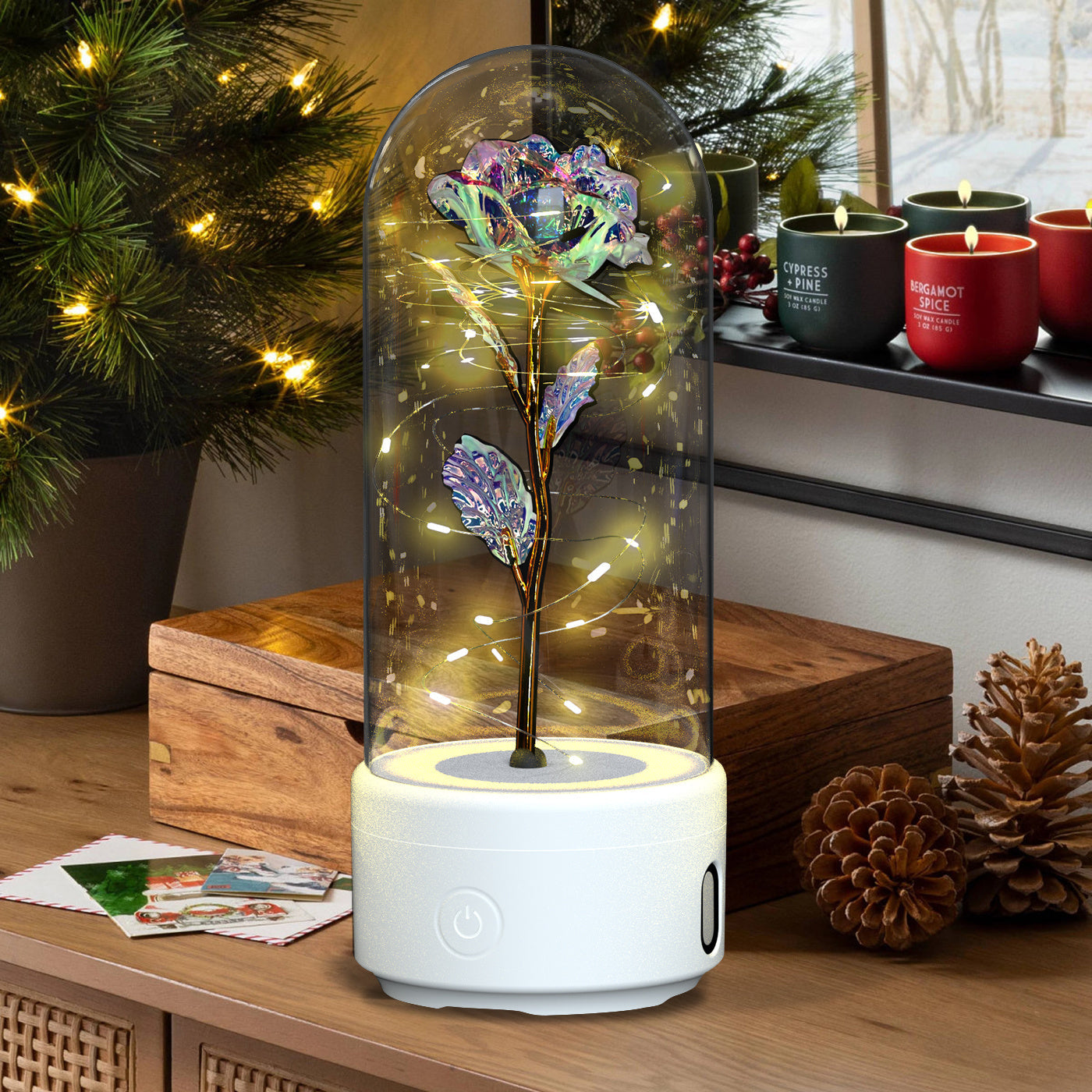 Creative 2 In 1 Rose Flowers LED Light And Bluetooth-compatible Speaker Valentine's Day Gift Rose Luminous Night Light Ornament In Glass Cover A&S Collection