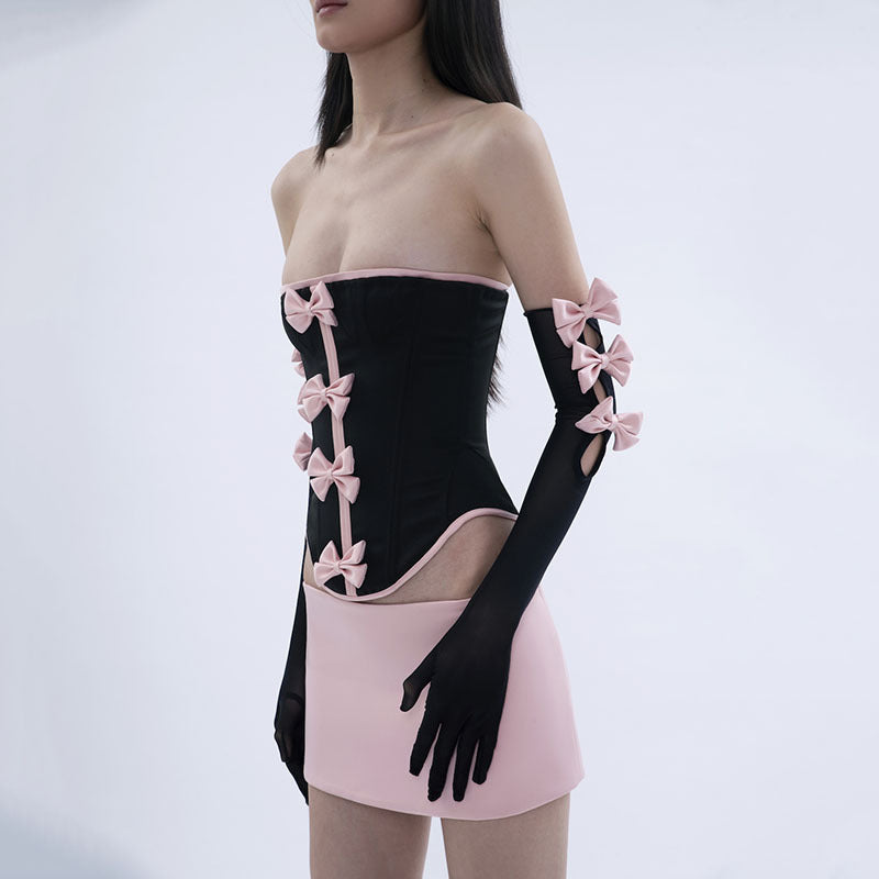 Foreign trade European and American women's two-piece binding backless skirt irregular dress bow suit sexy hollowed out short skirt A&S Collection