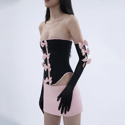Foreign trade European and American women's two-piece binding backless skirt irregular dress bow suit sexy hollowed out short skirt A&S Collection
