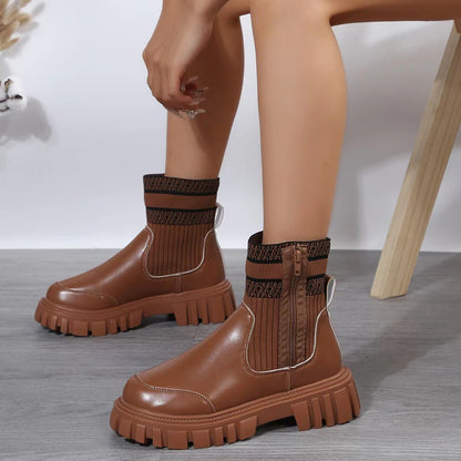 Fashion Mid-tube Boots With Zipper Design Non-slip Thick Sole Elastic Knitted Patchwork Boots For Women Round Toe Shoes Winter A&S Collection