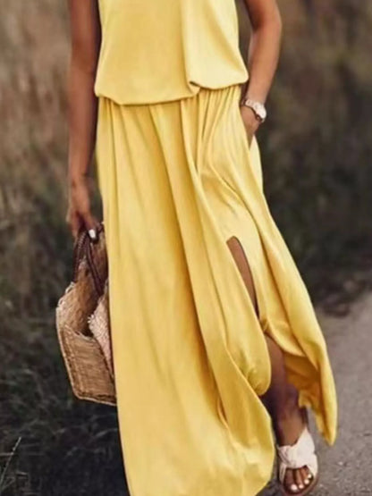 Full Size Round Neck Sleeveless Slit Maxi Dress Plus Size.