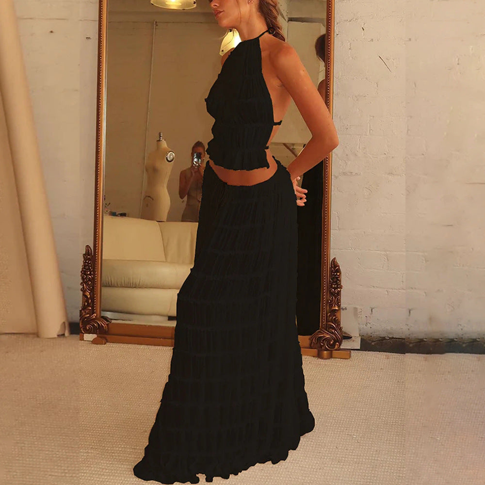 2pcs Women's Dress Suit Sexy Sleeveless Backless Cropped Halter Top And Pleated Long Skirt Beach Clothing A&S Collection