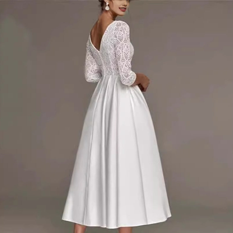 Bridal Deep V-neck Slim Lace Mid-length Long Sleeve Wedding Dresses A&S Collection
