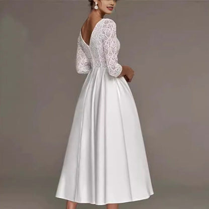 Bridal Deep V-neck Slim Lace Mid-length Long Sleeve Wedding Dresses A&S Collection