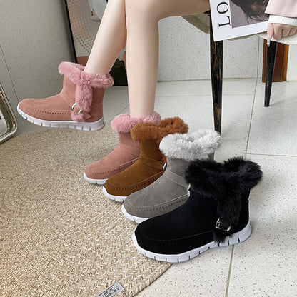 New Snow Boots Winter Warm Thickened Solid Color Plush Ankle Boots With Buckle Design Plus Velvet Flat Shoes For Women A&S Collection