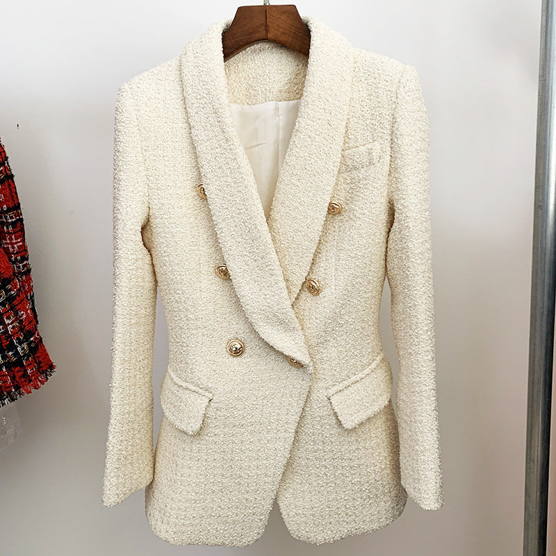 European and American spot fashion green collar tweed apricot thick gold lion buckle slim suit jacket A&S Collection