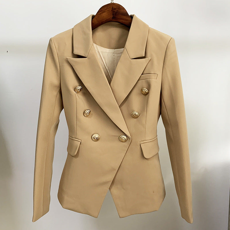European and American star fashion: Women's double-breasted khaki slim suit with metal buckles Hypersku