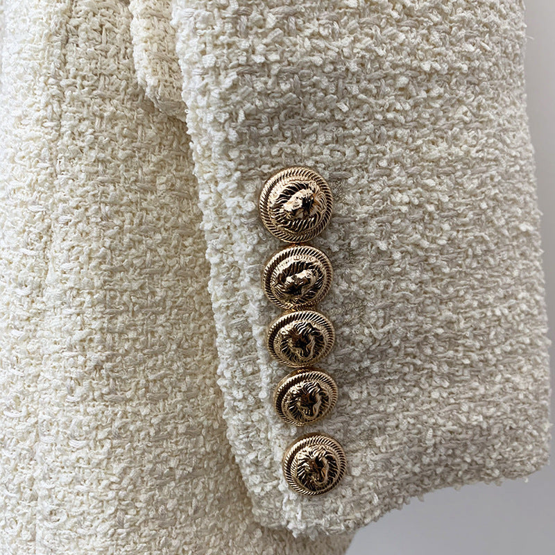 European and American spot fashion green collar tweed apricot thick gold lion buckle slim suit jacket A&S Collection