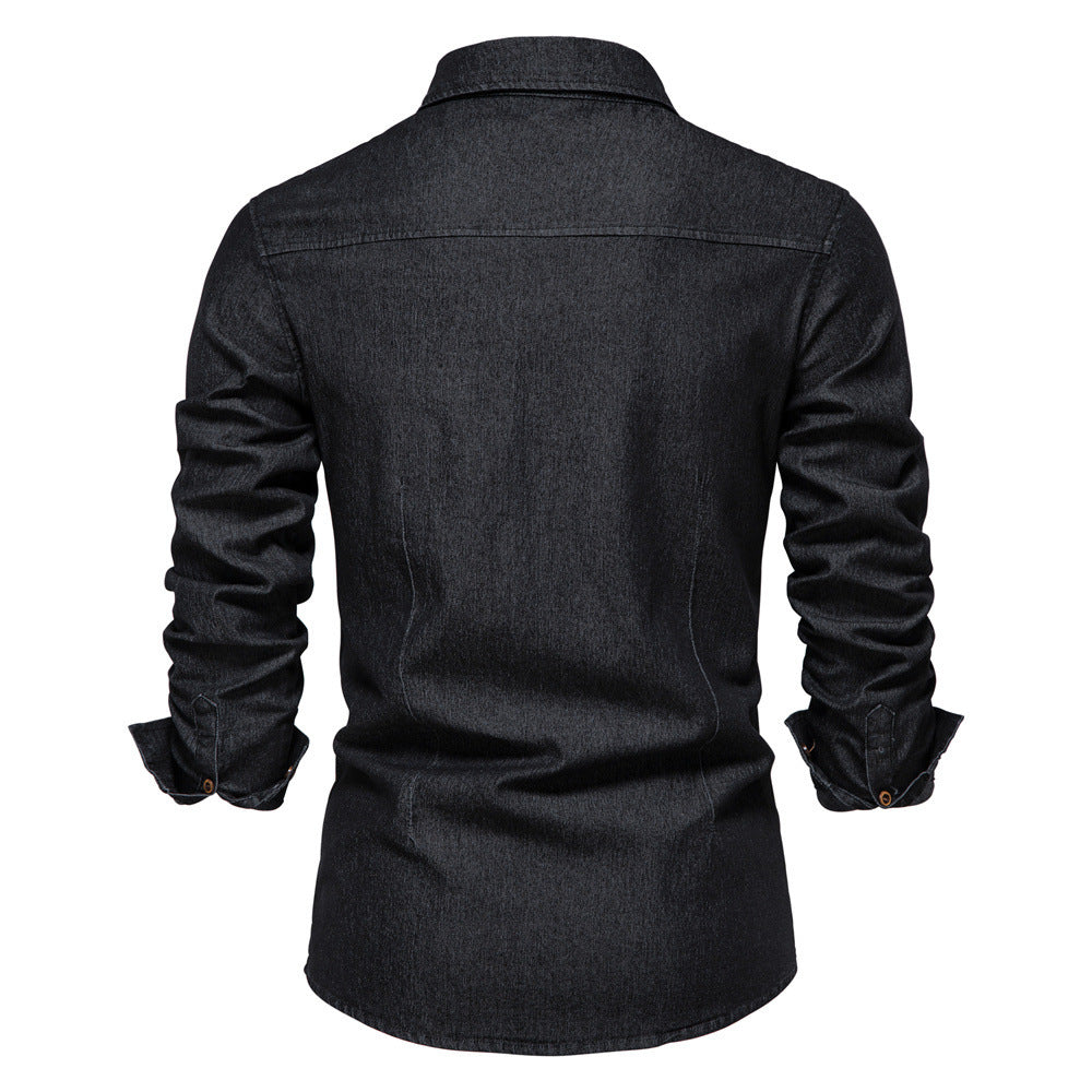 Men's Long-sleeved Denim Shirt Casual Solid Button Slim Tops Clothing A&S Collection