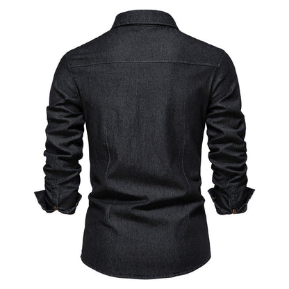 Men's Long-sleeved Denim Shirt Casual Solid Button Slim Tops Clothing A&S Collection